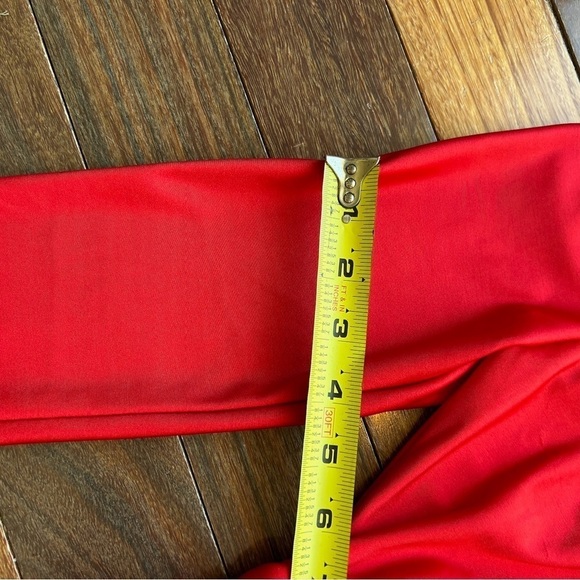 B. Darlin One Shoulder Long Sleeve Shiny Red BodyCon Ruched Side Cocktail Dress - Picture 7 of 10